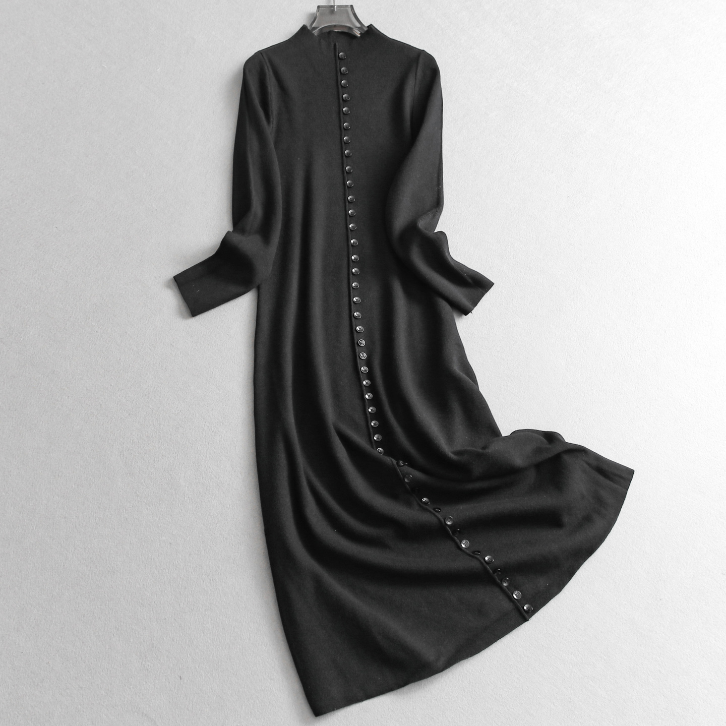 立领单排扣弹力长款针织连衣裙女