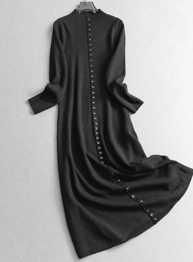 优雅气质风立领单排扣弹力长款针织毛衣连衣裙2025秋冬打底裙M830