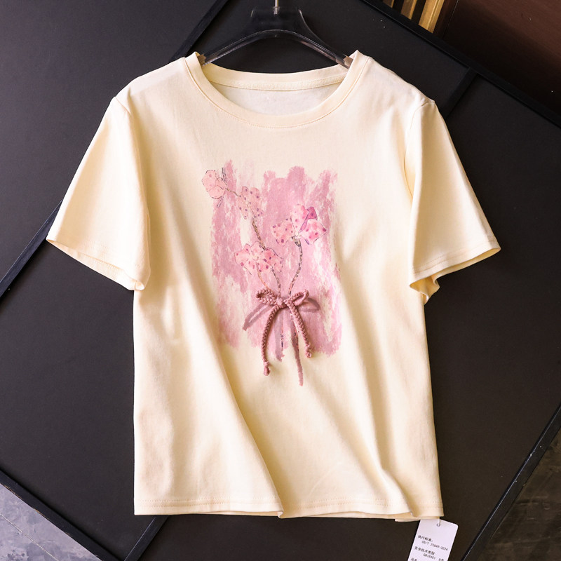 花朵印花立领蝴蝶结宽松显瘦纯棉圆领夏季减龄百搭短袖T恤女Z876