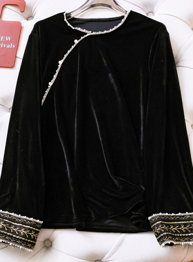 新中式国风重工刺绣钉珠斜襟圆领丝绒套头长袖女黑色衬衫上衣M764