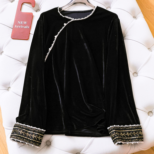 新中式国风重工刺绣钉珠斜襟圆领丝绒套头长袖女黑色衬衫上衣M764