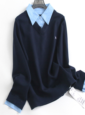 撞色假两件衬衫领显瘦减龄2025春季新款长袖百搭女打底针织衫J626