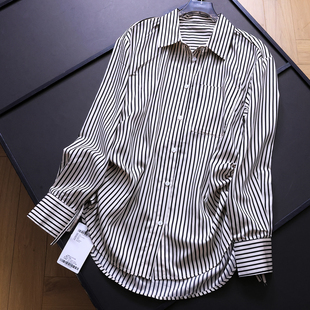 女B378 通勤百搭衬衫 撞色条纹侧边抽褶宽松显瘦翻领2025秋新款 长袖