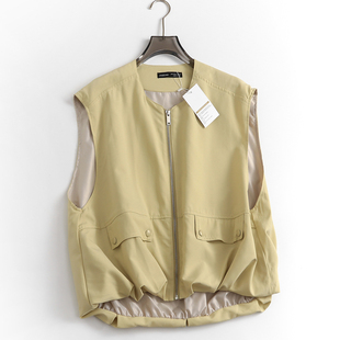 上衣 外穿休闲口袋开衫 C385下摆缩皱收腰显瘦无袖 背心马夹外套秋季