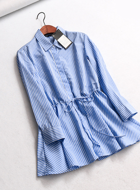 K951 气质女装 秋季新款2018中长款抽绳修身条纹翻领长袖女式衬衫