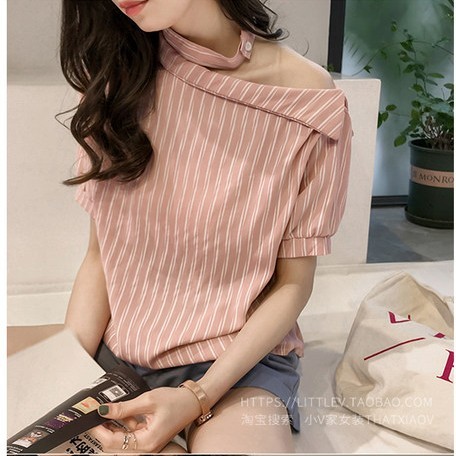 Summer new fashion neck off shoulder striped shirt women's short sleeve top loose and versatile Korean style shirt fashion