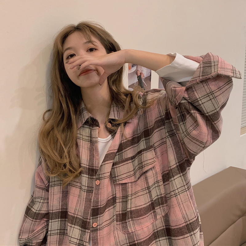 Autumn 2020 New Retro loose medium length color block Plaid BF wind salt thin long sleeve shirt coat