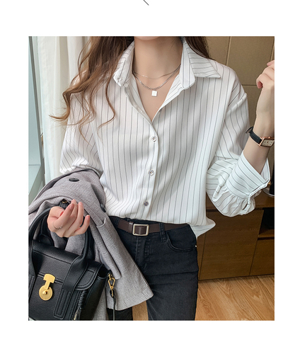 Spring women's clothing niche top retro Hong Kong style white striped shirt design feeling light ripe folding shirt