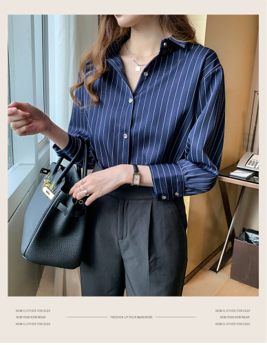 Spring women's clothing niche top retro Hong Kong style white striped shirt design feeling light ripe folding shirt