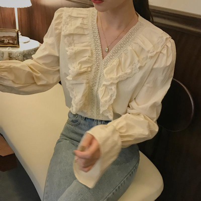 韓國chic秋季百搭甜美減齡木耳邊拼接V領單排扣長袖襯衫上衣女