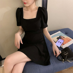 Small square neck short dress summer new sexy feminine show thin black skirt