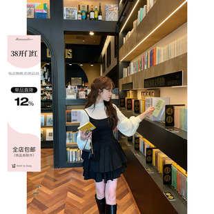 板栗西西【伊甸日记】法式赫本风黑色蓬蓬掐腰吊带连衣裙衬衫套装