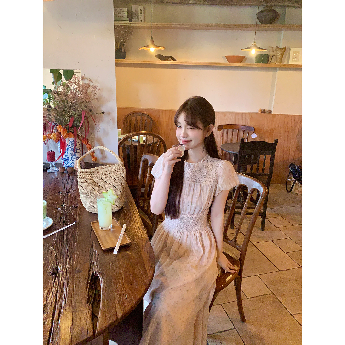 板栗西西【蜜桃诗韵】甜美温柔风碎花泡泡袖连衣裙夏打揽收腰长裙