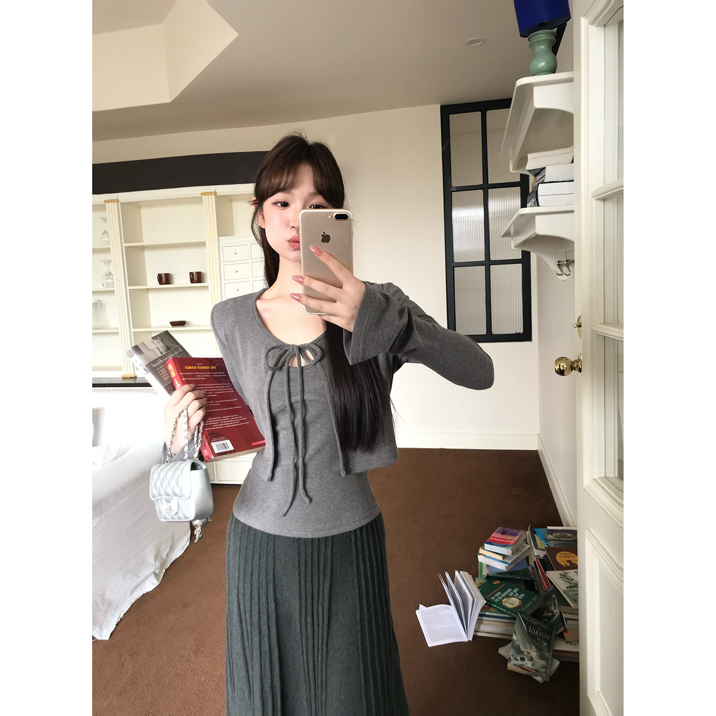 板栗西西【柔雾灰调】秋季韩系气质针织套装女开衫吊带半裙三件套