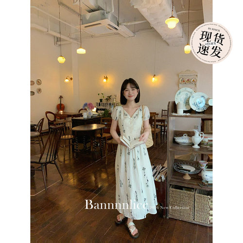 板栗西西【季风独白】夏季简约设计感小v领气质短袖连衣裙长裙