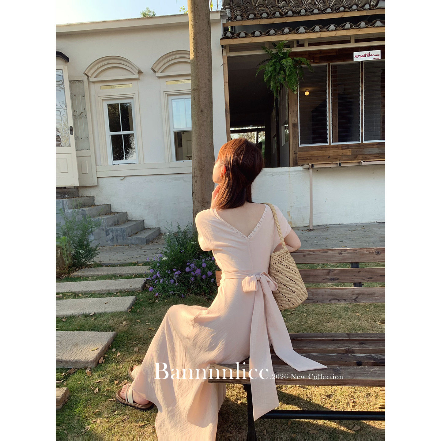 板栗西西【法兰西小镇】粉色短袖蝴蝶结露背连衣裙夏甜美气质长裙