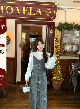 板栗西西【一鸣惊人2】灰色温柔气质重工亮钻吊带连衣裙秋冬长裙