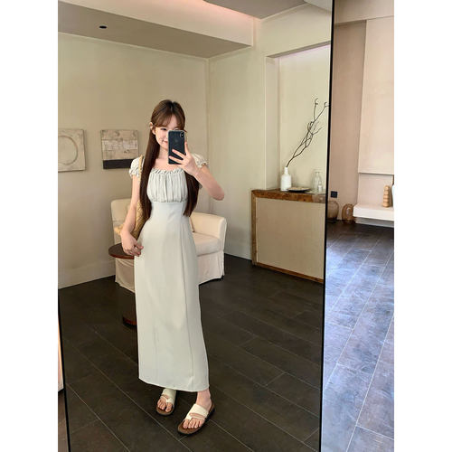 板栗西西【海盐晨曦】时尚优雅荷叶边泡泡袖长裙A字连衣裙子女