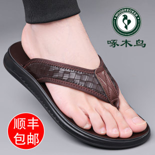 啄木鸟凉鞋男款夏季休闲软底真皮沙滩鞋男士牛皮防滑透气开车凉拖