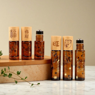 复古竹制滚珠瓶5ml玻璃分装瓶高级感面部精华液香水小样空瓶10ml