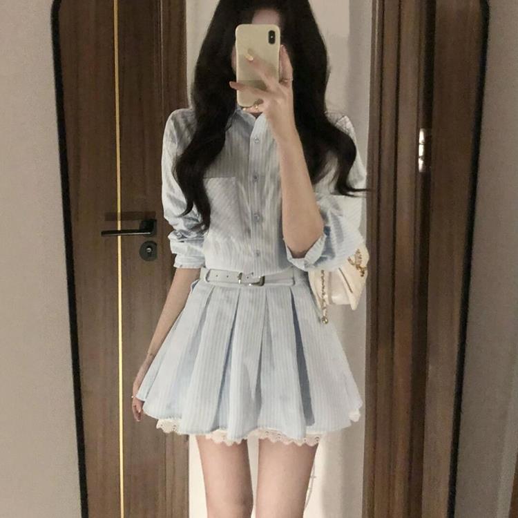 老钱风条纹长袖连衣裙女2025开春新款蕾丝拼接小个子收腰衬衫裙子