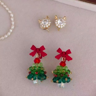 红色蝴蝶结圣诞树麋鹿满钻耳钉耳夹耳饰 圣诞节限定 花生女郎