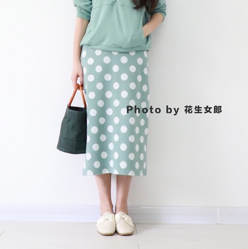 【花生女郎】原创自制 春秋款果绿色大波点弹力半裙 1211