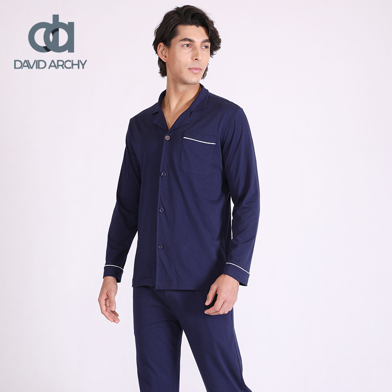 DavidArchy棉开胸家居套装 秋季男士长袖薄款睡衣