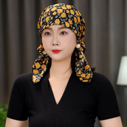气质薄款繁花帽子女时尚洋气百搭飘带碎花帽遮白发丝巾帽包头帽女