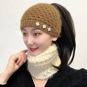 保暖毛线帽子女2025新款 秋冬头巾帽时尚 洋气针织遮白发头套发带帽