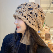 手工针织保暖堆堆帽 秋冬时尚 薄款 镂空帽子女遮白发毛线帽2026新款