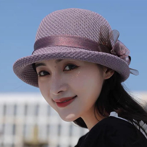 夏季卷边遮阳帽子女2026新款欧根纱花朵礼帽短檐盆帽渔夫帽草帽女