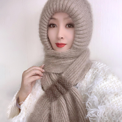 双层加绒保暖帽子围巾一体冬季新款妈妈洋气时尚护耳针织风雪帽女