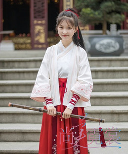 【北京出租】武侠汉服少女中国风小师妹红色改良汉服齐腰襦裙春夏