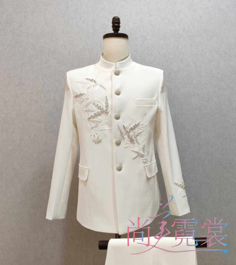 《北京出租》中国风男装中山装男套装白色刺绣立领中式时尚青年装