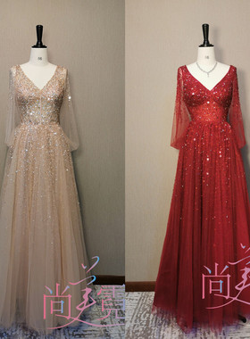 晚礼服出租北京轻奢小众金色红色钉珠带袖气质晚宴长款礼服裙租赁