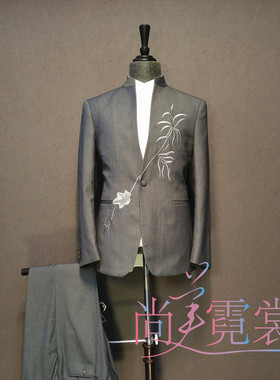 北京出租灰色绣花中山装青年装年会主持会议宴会晚礼服男士西服
