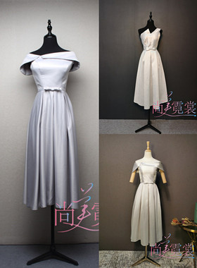 灰色单肩中长款灰色礼服裙会议晚会宴会主持人礼服裙北京定制出租