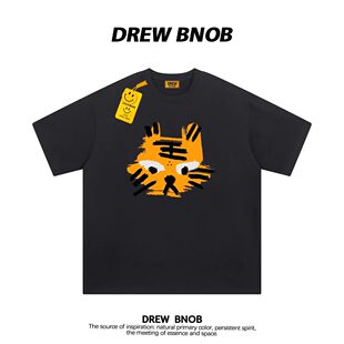 T恤男女夏季 宽松百搭纯棉上衣 潮牌手绘老虎印花圆领短袖 DREW美式