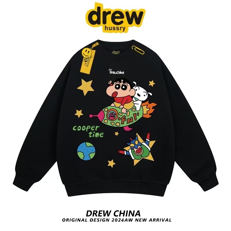Drew联名蜡笔小新涂鸦卡通圆领卫衣男女潮牌宽松秋冬情侣加绒上衣