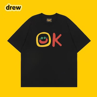 Drew笑脸美式OK字母印花短袖t恤男女潮牌街头宽松情侣纯棉上衣INS