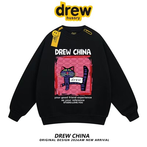 drew美式复古猫咪印花圆领卫衣男