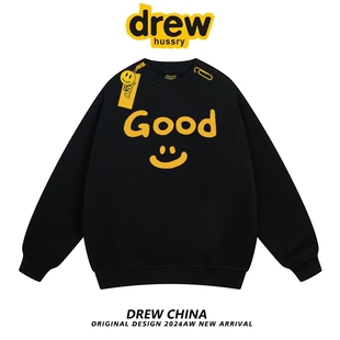 drew笑脸潮牌简约字母圆领长袖卫衣男女宽松百搭情侣秋冬加绒上衣