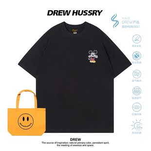 Drew潮牌休闲简约米奇印花短袖T恤男女纯棉夏季百搭情侣黑色上衣