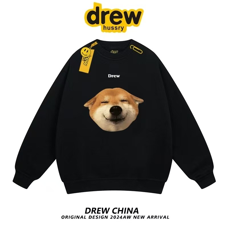 drew美式潮牌柴犬趣味印花重磅圆领卫衣男女秋冬加绒宽松情侣上衣