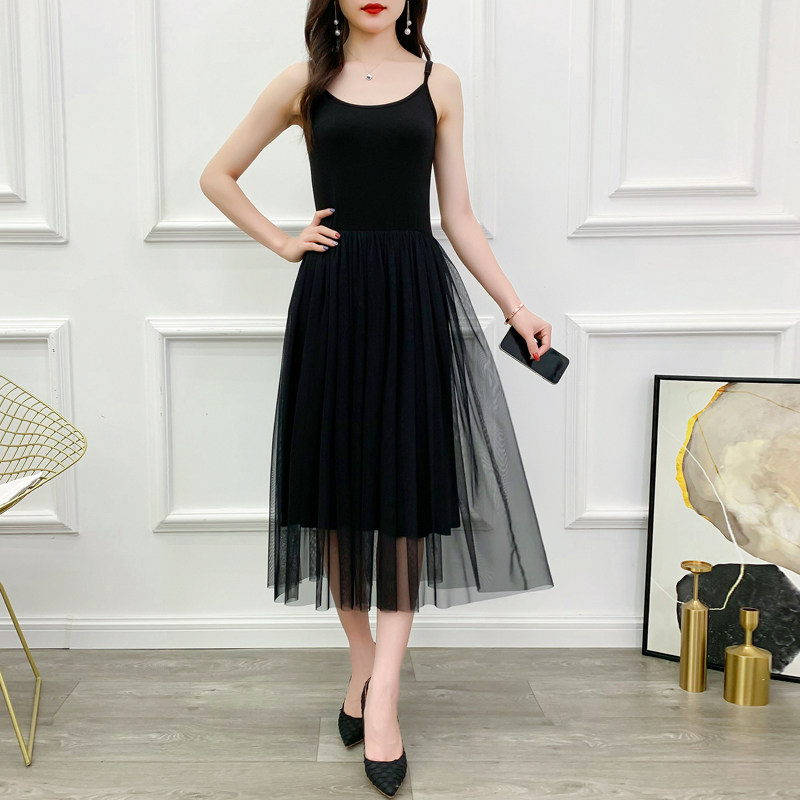 吊带纱裙女中长款2025大码胖MM打底裙背心长裙夏季网纱黑色连衣裙