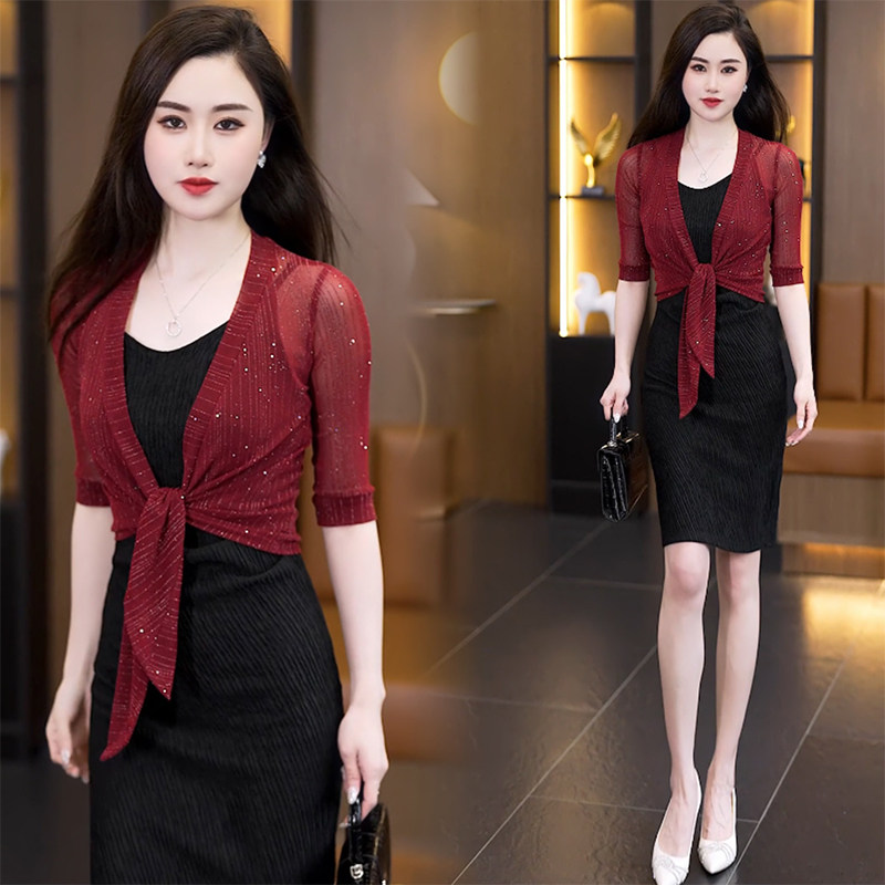 网纱亮闪闪中袖开衫女夏季薄款配吊带裙的小披肩时尚外搭短款罩衫