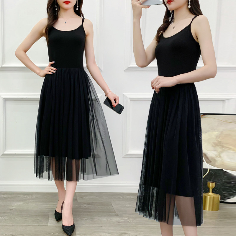 吊带纱裙女中长款2025大码胖MM打底裙背心长裙夏季网纱黑色连衣裙