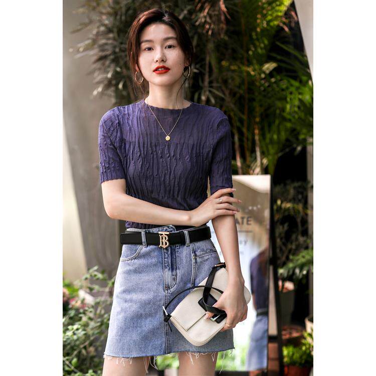 艺术家气质 压褶肌理感~层层竖条纹显瘦遮肉纯棉t恤女上衣薄款