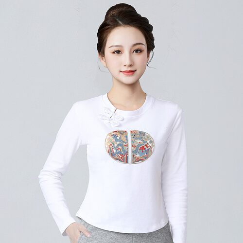 广场舞服装新款国风刺绣舞蹈服秋季长袖螺纹棉舞蹈服上装669长袖